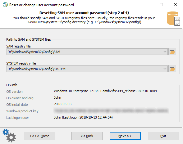 Для скидання пароля звичайного облікового запису, програмі необхідно знати розташування двох файлів реєстру Windows: SAM і SYSTEM