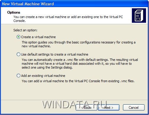 У новому вікні виберіть перемикач Create a Virtual Machine