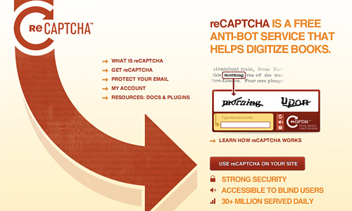 Проект reCAPTCHA направлен на то, чтобы остановить спам и помочь оцифровать книги