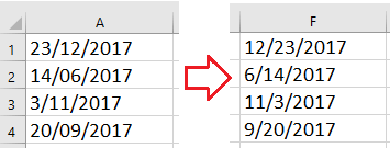 В Excel стандартний формат дати - mm / dd / yyyy, але в деяких випадках дати в файлах, які ви отримали або імпортуєте, знаходяться в форматі dd / mm / yyyy, як ви можете змінити ці дати з dd / mm / yyyy формат в мм / дд / рррр в Excel, як показано на малюнку нижче