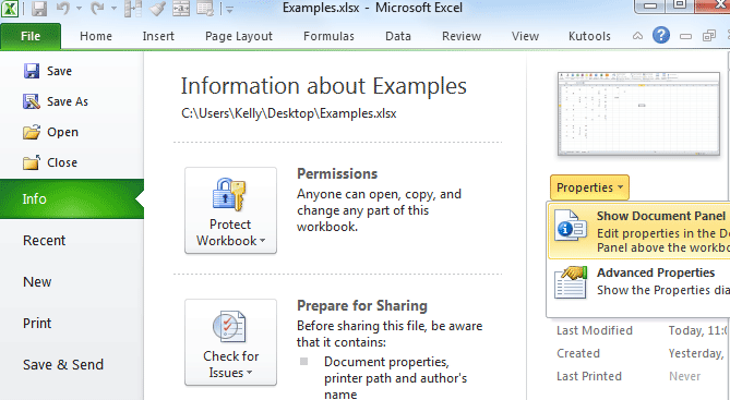 Якщо ви використовуєте Excel 2007, ви можете відкрити панель «Документ», натиснувши Кнопка управління> Підготувати> Нерухомість