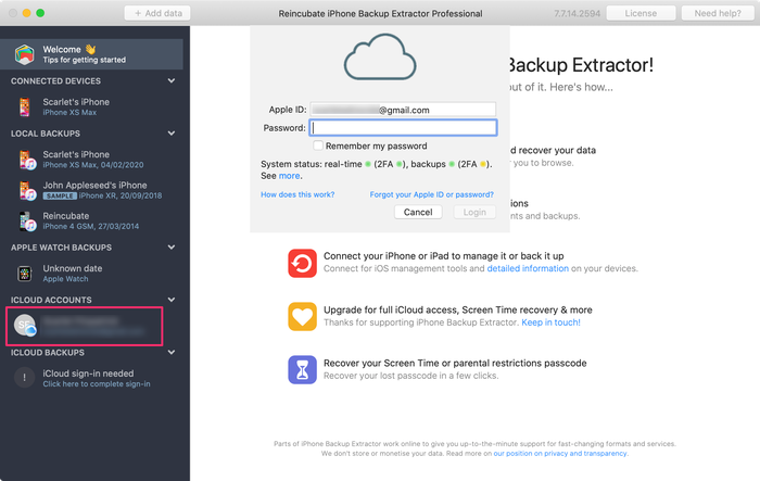 iPhone Backup Extractor додавання облікового запису iCloud