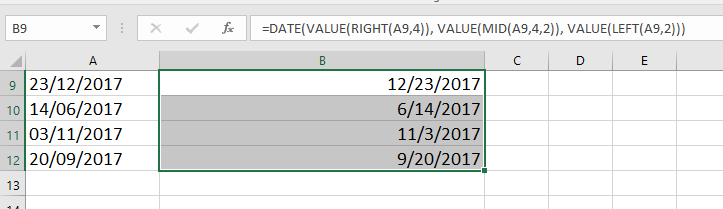 Виберіть вільну позицію поруч з датами, які ви хочете перетворити, введіть цю формулу = DATE (VALUE (RIGHT (A9,4)), VALUE (MID (A9,4,2)), VALUE (LEFT (A9,2))) , і перетягніть дескриптор заповнення над осередками, які повинні використовувати цю формулу