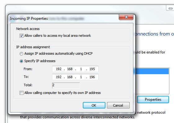 Натисніть кнопку Properties і вкажіть IP адресу, який буде присвоєно підключати комп'ютери (доступний діапазон можна задати вручну, або вказати що ip адреса видасть DHCP сервер)