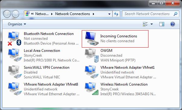 Ось і все VPN північ налаштований, і у вікні мережевих підключень з'явиться нове підключення з ім'ям Incoming connections