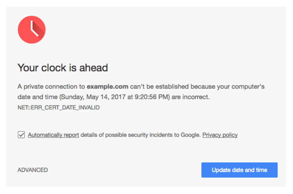Тепер Chrome буде боротися з помилками часу, показуючи спеціальне попередження для таких користувачів - червоні годинник з підписом «Ваші годинник поспішають»