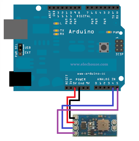 Vcc - підключаємо до харчування + 5в   SDA - SDA на платі Arduino (A4)   SCL - SCL на платі Arduino (A5)   GND - підключаємо до землі