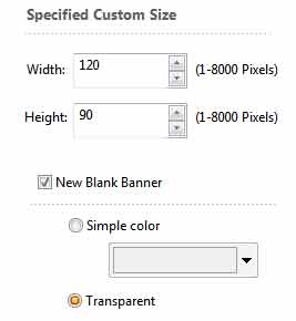 Якщо вам потрібен нестандартний розмір, то задайте його в категорії Specified Custom Size, Поставте галочку навпроти New Blank Banner, якщо хочете створити «порожній» проект і вкажіть бажаний колір або прозорий фон (Transparent)