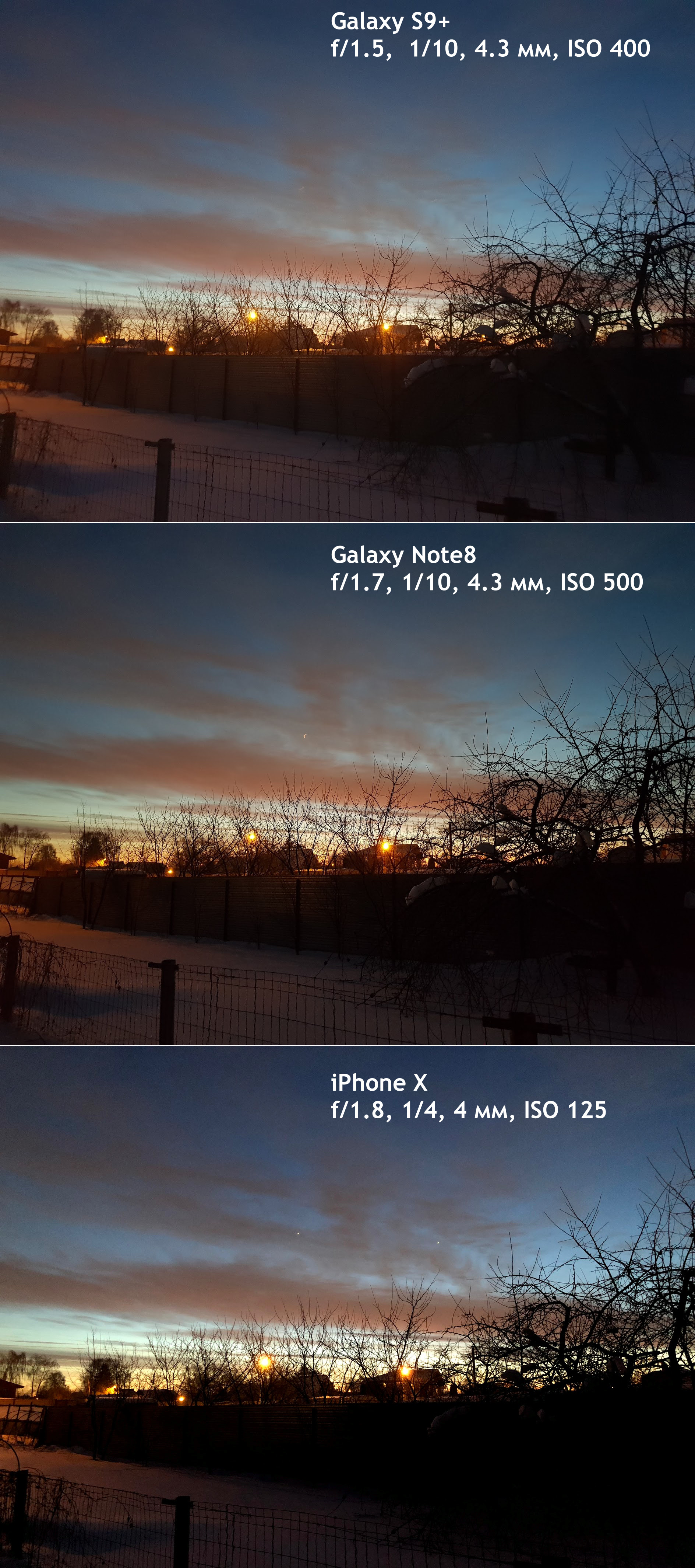 Ось як виглядає один і той же кадр, зроблений на автоматі трьома різними смартфонами (натисніть для збільшення):